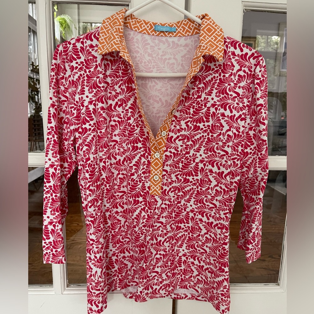 J. McLaughlin Orange and Red Patterned Polo Shirt Size M